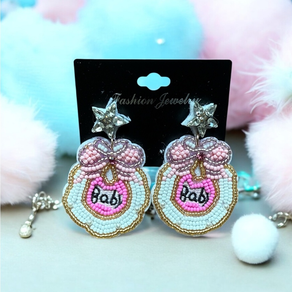 Baby Shower Pink and Silver Star Earrings
